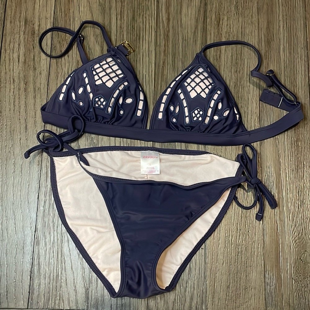 Xhiliration triangle bikini top and string bikini bottoms